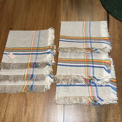 VTG Set 6 Wheat Striped NAPKINS Fringed Blue Yellow Orange Red • $12.50