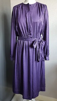 Vintage Horrockses Purple Shift Dress Midi Long Sleeve Houndstooth Pockets 12/14 • £35