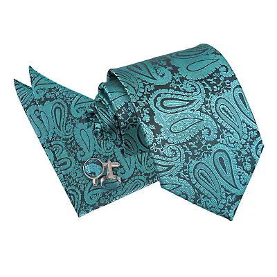 DQT Woven Floral Paisley Teal Classic Skinny Tie Hanky Cufflinks Set • £7.99