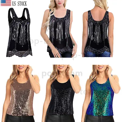 Sparkle Women's Sleeveless Shimmer Tank Tops Sequins Embellished Club Tops Vests • $24.43