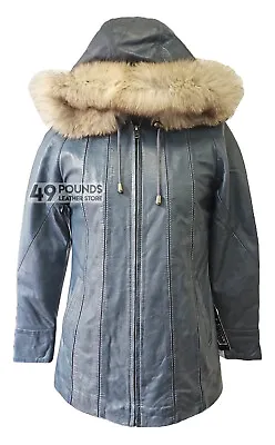 £49 • Buy Ladies Hooded Jacket Grey Fur Hooded Parka Hip Length Leather Jacket Isabella
