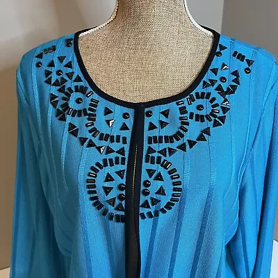 Ming Wang Beaded Cardigan XL Turquoise Open Front Sweater Acrylic Jacket • $25.61