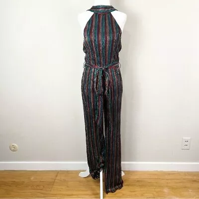 Saylor Metallic Rainbow Multicolor Halter Belted Jumpsuit ESTIMATED Size Small • $34.99