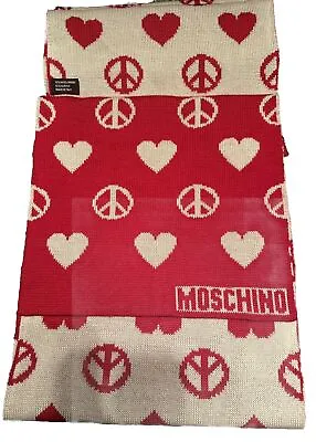 Moschino Wool Blend Knit Scarf Peace Love Valentine Red & Oyster 10.5” X 68” • $59.99