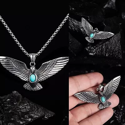 Mens Silver Turquoise Winged Eagle Pendant Necklace Punk Rock Biker Jewelry 24  • $11.99