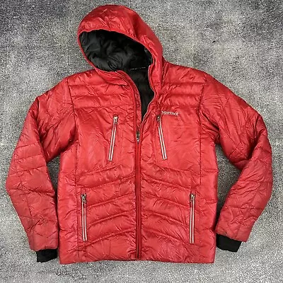 Mens Marmot 650 Fill Red Black Guides Down Hooded Puffer Winter Coat Jacket Sz L • $79