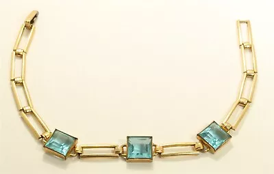 Vintage Simmons Gold Filled Art Deco Blue Glass Geometric Link Bracelet 7  • $29.99