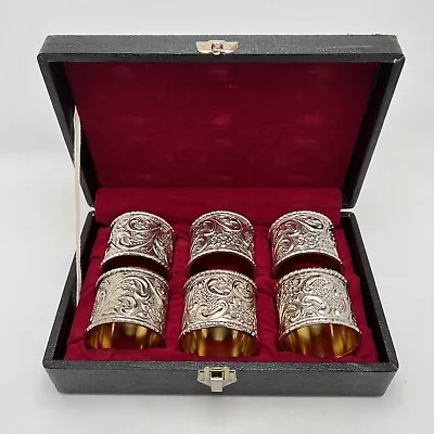 $29.99 • Buy 6 Vintage Brass Silver Plated Napkin Rings Embossed Florals W/ Case