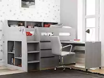 Grey Wooden Mid Sleeper Cabin Bed With Drawers Shelves Desk On Right 3ft Single • £379.95