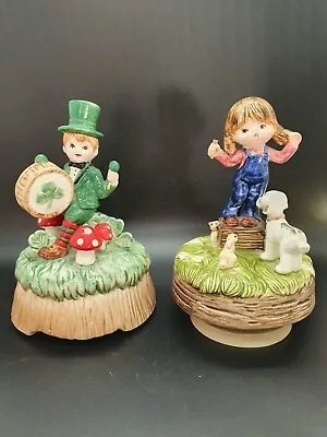 2x Vintage Ceramic Wind Up Revolving Musical Ornament Leprechaun Girl Dog  • £14.58