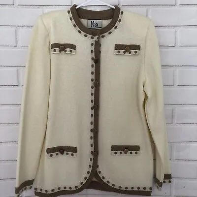 Vintage MITA Taupe Ivory Gold Button Tailored Cardigan Sweater Sz 6 Krinkle Spun • $34.97