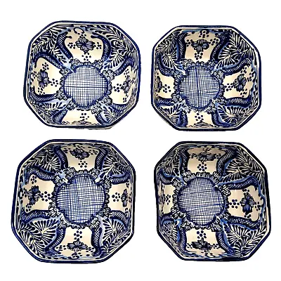 Talavera Pottery Bowl Set Of Four Mexican Kitchen Ceramic Blue White 6in • $79