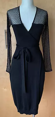 $44.99 • Buy Diane Von Furstenberg Classic Black Wrap Dress Size P Knit Sheer Mesh EUC!