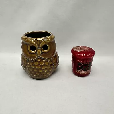 Vintage Yankee Candle Glowing Eyes Owl Votive Holder + Red Apple Wreath Retired • $14.99