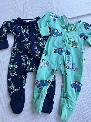 2 X Bonds Zip Wondersuits Size 0-3 Months Size 000 Dinosaur  Cars Lightly WORN  • $10.99