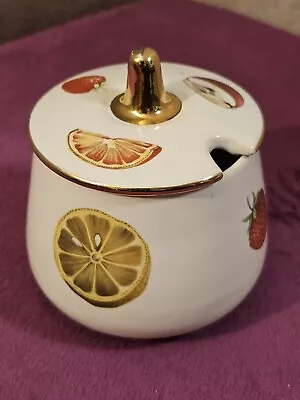 Studio Ceramics Braunton North Devon Lidded Sauce/Jam Pot - Fruit Design • £4.99