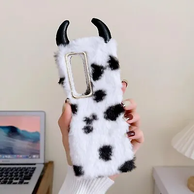 DIY Cute Fluffy Plush  Cow Horn Phone Case For Samsung Galaxy Z Fold 4 3 • $7.99