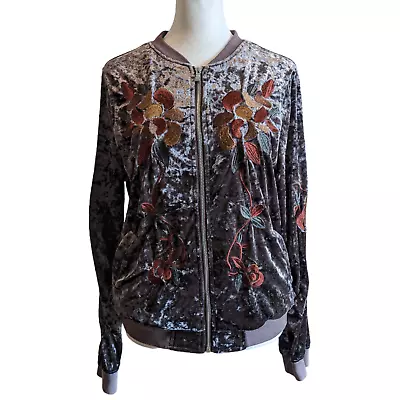 Hidden Alley Crushed Velvet Embroidered Zip Up Bomber Size Small • $30