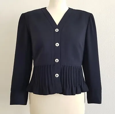 VALENTINO Vintage 90's Black Virgin Wool V-Neck Pin-Tuck Pleated Jacket UK10 • £149.99