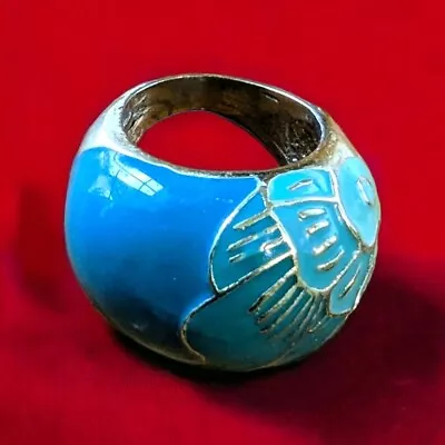 Vintage Turquoise Enamel Coated Gold Floral Chunky Ring - Size 6.5 • $8.25