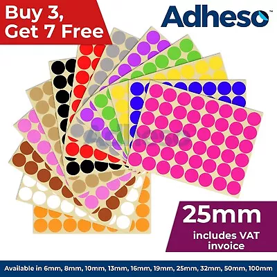 Adheso 25mm Coloured Dot Stickers Round Sticky Dots Adhesive Circles Labels • £0.99