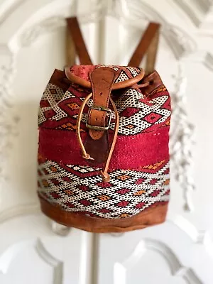 Vintage Morrocan Kilim Textile & Leather Backpack Boho Hippie Hippy • $24