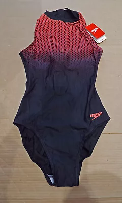 Speedo Black/Red High Neck Zip Back Endurance+ Hydrasuit Swimsuit Size GB34  D38 • £45