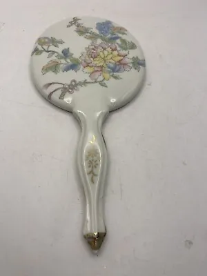 Vintage White Flower Print Hand Held  Porcelain Mirror Pre Owned • $25