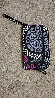 VERA BRADLEY Black And Pink Embroidered Wallet Wristlet Black Clutch Bag • $10
