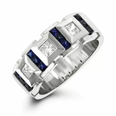 3 Ct Princess Simulated Blue Sapphire Men's Wedding Band 14k White Gold Plated • $88.52