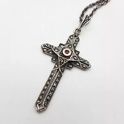 925 Sterling Silver Cross W/ Marcasite & Garnet Art Deco Style Pendant Necklace • $15.50