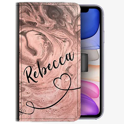Personalised Initial Phone Case;Name & Heart Pink Marble PU Leather Flip Cover • $54.11