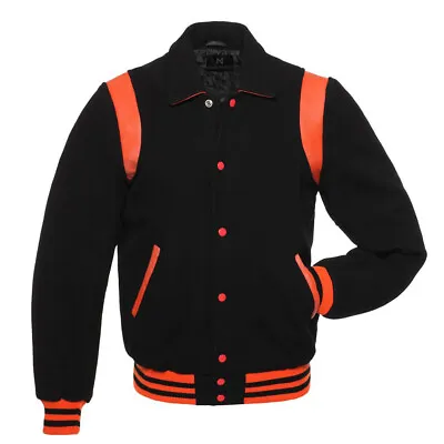 Varsity Style Letterman Baseball Collage Bomber Black Wool Orange Stripe Jacket • $89.99