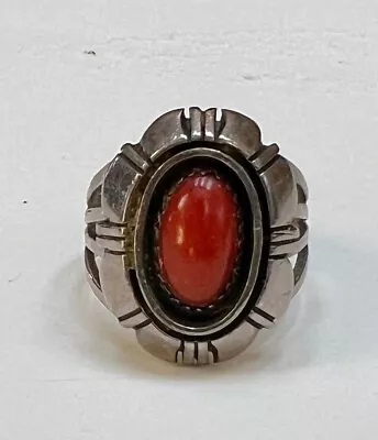 Vintage Navajo De Cheely Shop Adam & Rita Teller Silver & Coral Ring Size 6.25 • $62.50