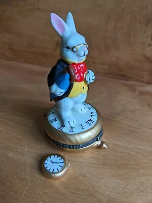 Vintage Alice In Wonderland Porcelain Hinged Box White Rabbit With Clock Trinket • $41.95