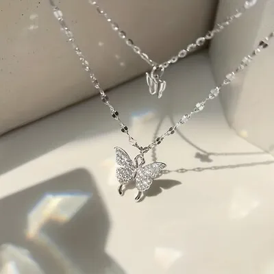 Butterfly Pendant Necklace With Double Layered Zirconia Design Jewelry For Women • £1.89