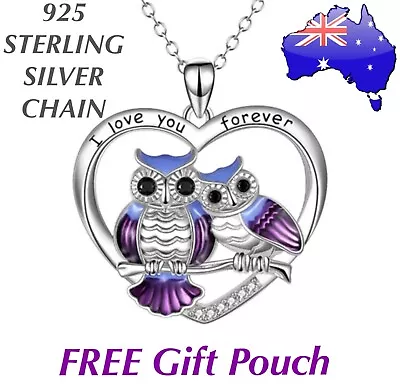 I LOVE YOU FOREVER Owl Heart Purple Pendant Sterling Silver Necklace Women Gift • $11.95