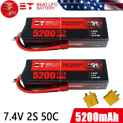 2x 2S Lipo Batteries 7.4V 50C 5200mAh Hard Case T-Deans For RC Car Truck Buggy • $34.73