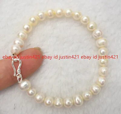 $4.50 • Buy 7-8mm Natural White Akoya Freshwater Cultured Pearl Bracelet 7.5  Silver Clasp
