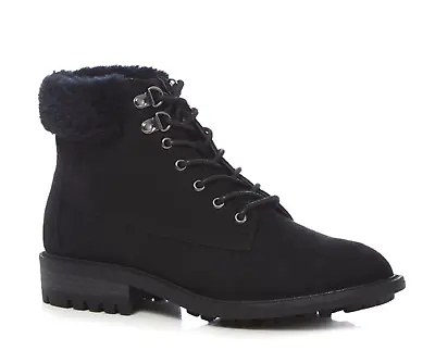 Mantaray Megan Ladies UK 5 EU 38 Black Suedette Fur Trim Lace Up Ankle Boots • £27.99