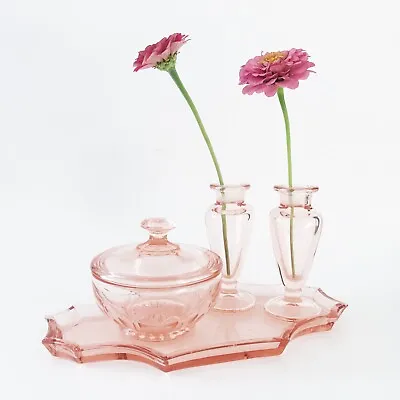 Vintage New Martinsville Glass Pink Vanity Set- Perfume Bottles Puff Jar &Tray  • $47.50