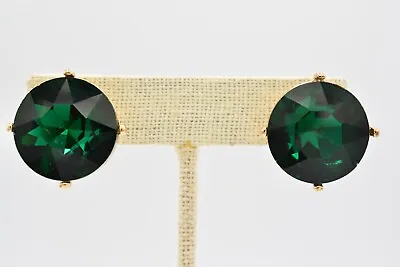 Vintage Green Crystal Clip Earrings Glass Large Chunky Gold 1980s BinAI • $23.96