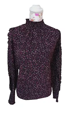 Decjuba Dark Floral Purple Shirred Neck Long Sleeve Top Size 10 • $25