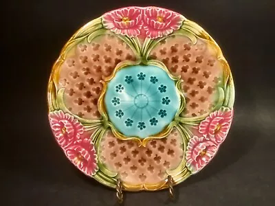 Antique French Art Nouveau Majolica Pink Flowers W/ 3 Leaf Clovers Plate • $125