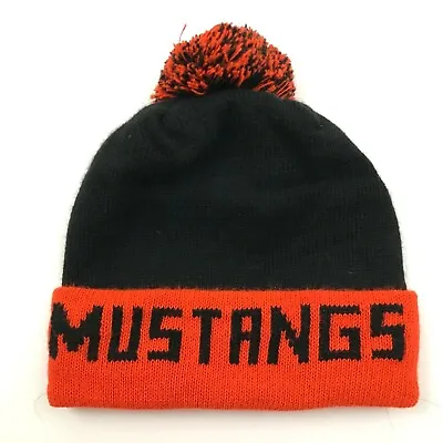 VINTAGE Mustangs Beanie Hat Cap Fitted One Size Black Orange Knit Pompom 90's • $5.75