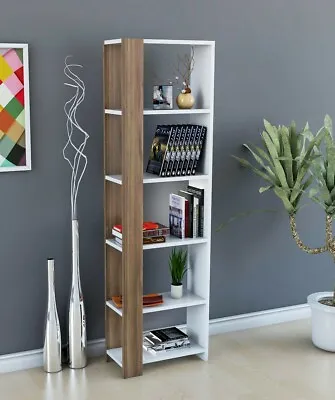 KayRana Reading White & Walnut Colour 6 Tier Slimline Open Shelves Bookshelf  • £89.99