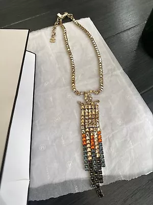 Genuine Chanel Fall 2019 CC Logo Rhinestone Tassel Gold Necklace 100% Authentic • £365