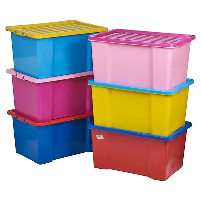 50 Litre Coloured Plastic Storage Boxes Set Clip Lid Quality Stackable Container • £15.99