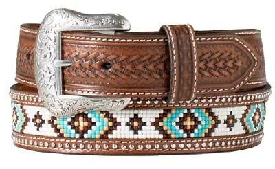 Nocona Western Mens Belt Leather Beaded Inlay Studded Weave Brown N210007502 • $59