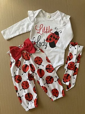 Baby Girls Cotton Outfit Cute Ladybug Trousers Vest Top White Red 3-6 Months • £3.99